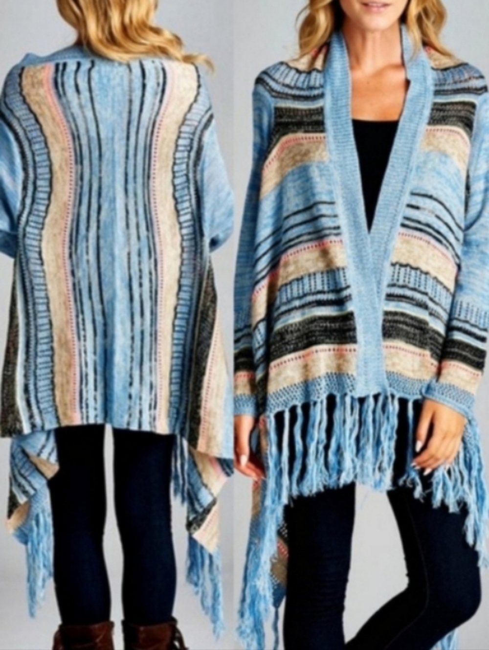 Velzera Open Cardigan Boho Fringed Poncho Shawl Sweater Cape Shrug S/M